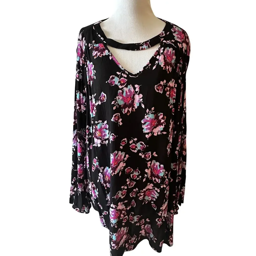 Lane Bryant NEW Floral Keyhole Tunic Womens Size 22 Petite Black Multicolor Top